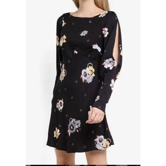 Free People Dress Womens 8 Black Mini Flowers Long Sleeve Cut Out Bohemian - Picture 4 of 9